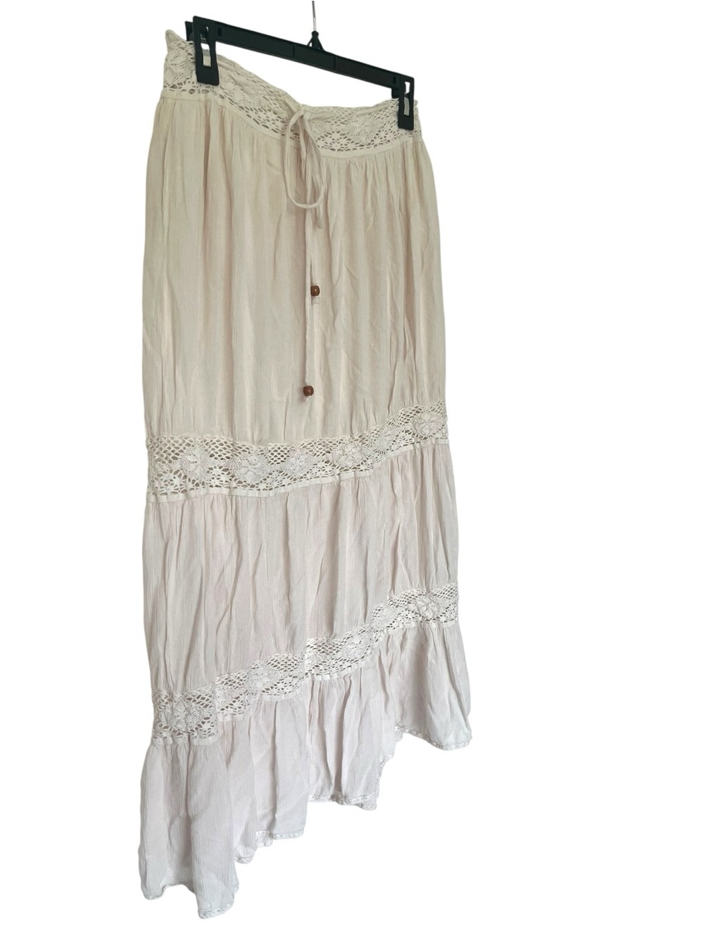 Earthbound Women’s Tiered Maxi Skirt Sz Sm Ivory Crochet Inserts Boho Flowy